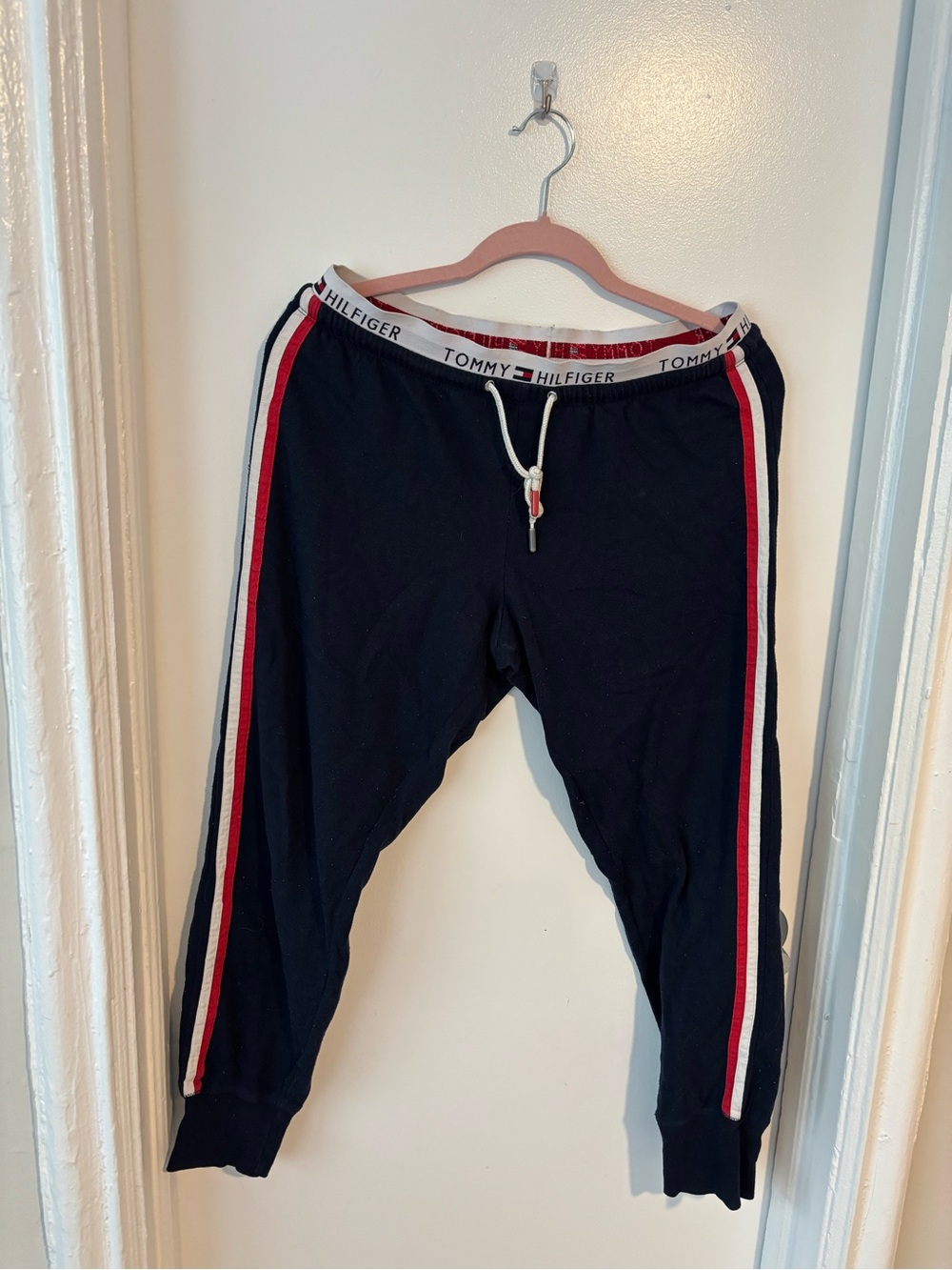 Tommy Hilfiger Black Jogger Sweatpants with Red & White Side Stripes